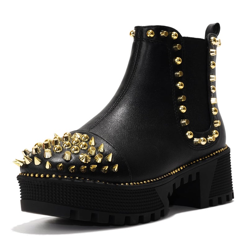 Cape Robbin Women's Platform Combat Boots Pull-on Ankle Booties, Studded Goth Punk Boots with Spiky Design & Chunky Heel (Spiky) - Black Gold Size 9 - Image 1